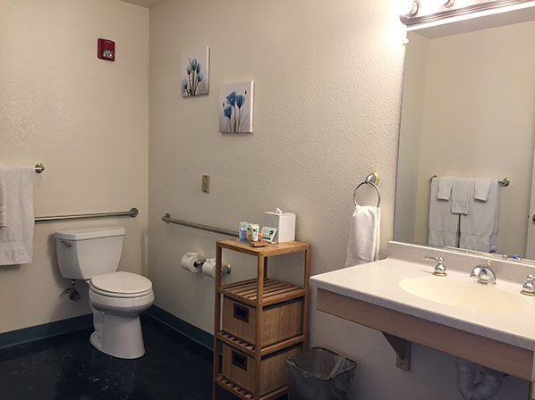 Our king suite has an accessible restroom with lowered sink, grab bars and a roll in shower with seat.